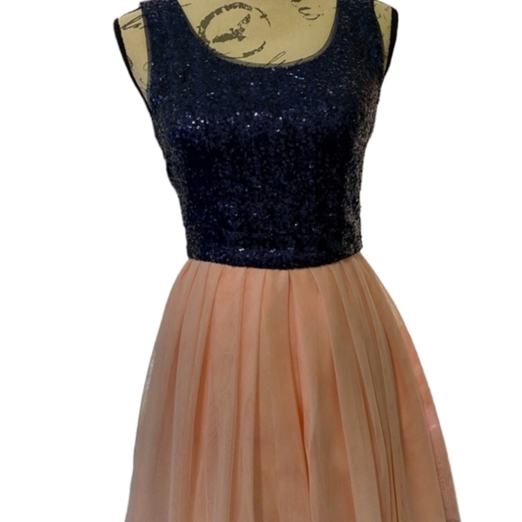 B Darlin SZ9 Navy Blue/Pale Pink Sequin Party Cocktail Dress - Picture 12 of 13